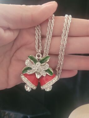 Festive Red Bell Pendant Necklace with Green Accents